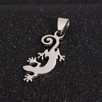 Boy Jewelry Original Color 201 Stainless Steel Pendants, Gecko Silhouette, Stainless Steel Color, 36x16x1.5mm, Hole: 4x9mm