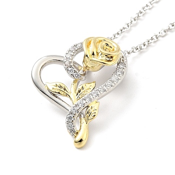 Clear Cubic Zirconia Heart with Rose Pendant Necklace, Two Tone Brass Jewelry for Women, Platinum & Golden, Pedants: 23x17x8mm, 15.94 inch(40.5cm)