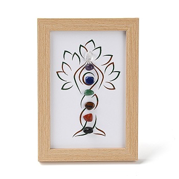Yoga Tree Gemstone Chakra Picture Frame Stand, with Wood Rectangle Picture Frame, Reiki Energy Stone Home Office Decoration, BurlyWood, 80x120x166mm, Inner Diameter: 136x90mm