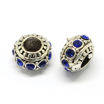 Alloy Rhinestone European Beads, Rondelle Large Hole Beads, Sapphire, 11x7mm, Hole: 4.5mm