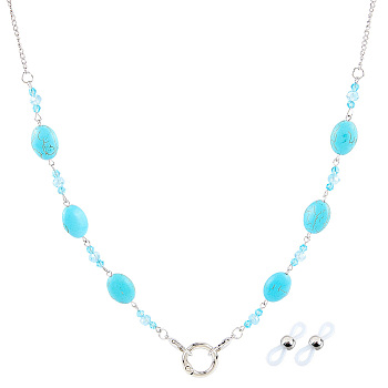 Acrylic Oval Beads Eyeglass Chains, with Iron Chain & Alloy Ring and Rubber Loop Ends, Blue, 705mm, beads: 13.5mm