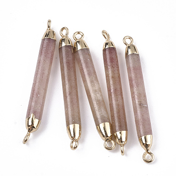 Electroplate Natural Strawberry Quartz Links connectors, with Iron Findings, Column, Golden, 44~45x5mm, Hole: 1.8mm
