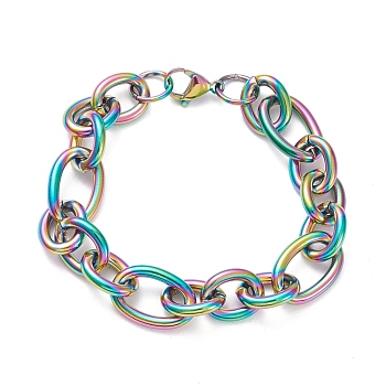 304 Stainless Steel Figaro Chain Bracelets, with Lobster Claw Clasps, Rainbow Color, 8-1/4 inch(21cm)