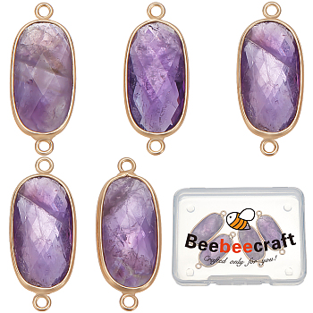 5Pcs Natural Amethyst Connector Charms, with Light Gold Plated Edge Brass Loops, Faceted Oval Links, 27x11x5.5mm, Hole: 2mm