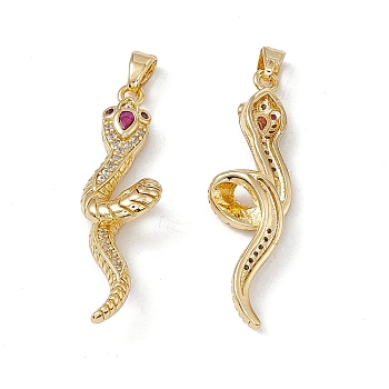 Brass Clear & Fuchsia Cubic Zirconia Pendants, Snake Charms, Real 18K Gold Plated, 35x10x6mm, Hole: 5x2mm