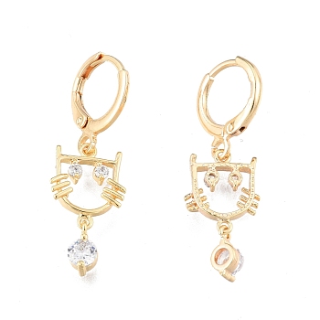 Clear Cubic Zirconia Cat Dangle Leverback Earrings, Brass Jewelry for Women, Cadmium Free & Nickel Free & Lead Free, Real 18K Gold Plated, 33.5mm, Pin: 1mm