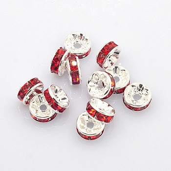 Brass Rhinestone Spacer Beads, Grade A, Silver Color Plated, Rondelle, Red, Size: about 8mm in diameter, 3.5mm thick, hole: 2mm