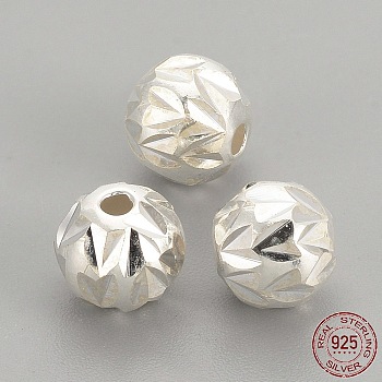 925 Sterling Silver Beads, Fancy Cut Round, Silver, 6mm, Hole: 1mm