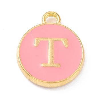 Golden Plated Alloy Enamel Charms, Enamelled Sequins, Flat Round with Alphabet, Letter.T, Pink, 14x12x2mm, Hole: 1.5mm