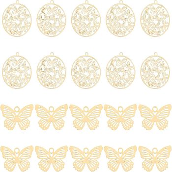 40Pcs 2 Styles 201 Stainless Steel Filigree Pendants, Etched Metal Embellishments, Butterfly, Real 18K Gold Plated, 22.5x20.5x0.4mm, Hole: 1.5mm, 20pcs/style