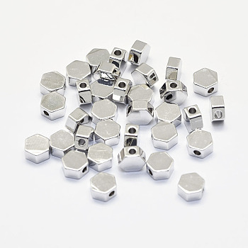 Long-Lasting Plated Brass Beads, Real Platinum Plated, Nickel Free, Hexagon, 5x5.5x3mm, Hole: 1.5mm