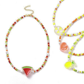 Acrylic Enamel Fruit Pendant Necklace with Glass Seed Chains for Women, Mixed Shapes, 16.54 inch(42cm)
