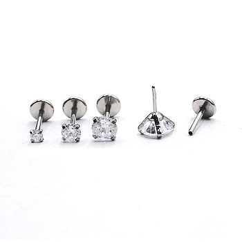 Stainless Steel Clear Cubic Zirconia Threadless Labret Stud, Tragus Stud, Flat Back Earring, Stainless Steel Color, 6mm, Pin: 0.8mm, Head: 3mm