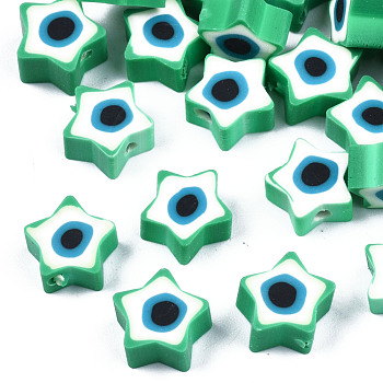 Handmade Polymer Clay Beads, Star with Evil Eye, Green, 9x9x3.5~4.5mm, Hole: 1.4mm