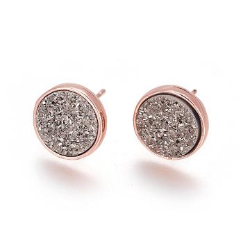 Druzy Resin Earrings, with Brass Finding, Flat Round, Dark Gray, 9.5x16~16.5mm, Pin: 0.8mm