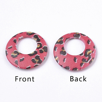 Double Opaque Spray Painted Acrylic Pendants, Flat Round with Leopard Print Pattern, Cerise, 25x3.5mm, Hole: 1.2mm