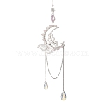 Natural Rose Quartz Chips & Brass Moon & 304 Stainless Steel Butterfly Suncatcher, Glass Teardrop Hanging Window Prism Ornament for Home & Garden, 310mm(HJEW-TA00449-03)