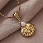 316 Surgical Stainless Steel with Imitation Pearl Shell Shape Pendant Necklaces for Women, White, Golden, 15.75 inch(40cm)(MG3658)