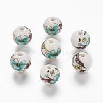 Floral Printed Porcelain Beads, Flower Patterned Ceramic Round Beads, Medium Turquoise, 12mm, Hole: 2mm(X-PORC-Q199-12mm-17)