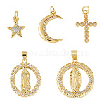 5Pcs 5 Styles Rack Plating Brass with Cubic Zirconia Pendants, Religion Pattern Charms, Long-Lasting Plated, Lead Free & Cadmium Free, Real 18K Gold Plated, 11.5~28x9.5~25x1.5~3mm, Hole: 3~6mm, 1pc/style(KK-TA0008-64)