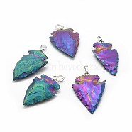 Electroplated Natural Indian Agate Pendants, with Brass Findings, Arrowhead, Platinum, Multi-color Plated, 36~58x18~30x4~8mm, Hole: 5x7mm(G-P396-05P-03)