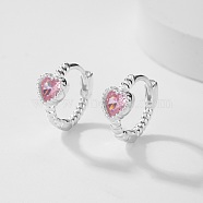Cubic Zirconia Heart Hoop Earrings, 925 Sterling Silver Earrings, with S925 Stamp, Pearl Pink, 12mm(AX2868-1)
