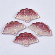 Transparent Spray Painted Glass Pendants, with Single Face Glitter Powder, Fan, Dark Red, 20x34.5x3.5mm, Hole: 1.2mm(X-GLAA-R212-01-A04)