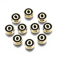 Alloy Enamel Beads, Cadmium Free & Lead Free, Light Gold, Flat Round with Alphabet, Black, Letter.O, 8x4mm, Hole: 1.5mm(ENAM-N052-006-02O-RS)
