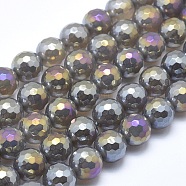 Electroplated Natural Agate Beads Strands, Round, Faceted, Gray, 6mm, Hole: 1mm, about 64~65pcs/strand, 15.1~15.5 inch(38.5~39.5cm)(G-O164-01A-6mm)