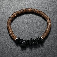 Natural Obsidian Chips & Coconut Disc Beaded Stretch Bracelets, Inner Diameter: 2-1/8 inch(5.5cm)(PW-WG68238-03)