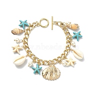 Natural Shell & Shell Pearl & Synthetic Turquoise Starfish Charm Bracelet, with Aluminium Curb Chains, Golden, 7-1/4 inch(18.5cm)(BJEW-TA00352)