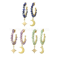 3 Pairs 3 Style Natural Mixed Gemstone Beaded Half Hoop Earrings, Golden Alloy  Moon & Star Asymmetrical Earrings, Dangle Stud Earrings, 44~45.5x10.5~11mm, 1 Pair/style(EJEW-TA00322)