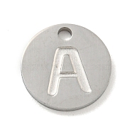304 Stainless Steel Pendants, Laser Cut, Flat Round with Letter Charm, Stainless Steel Color, Letter A, 10x1mm, Hole: 1.4mm(FIND-M017-02P-A)