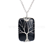 Natural Obsidian Pendant Necklace with Brass Cable Chains, Rectangle with Tree, 20.47 inch(52cm)(PW23042508161)