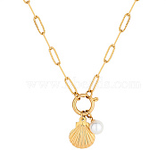 Stainless Steel Shell & Imitation Pearl Pendant Necklaces, with Paperclip Chains, Golden, Pendant: 20.5x16mm(HT9511-3)