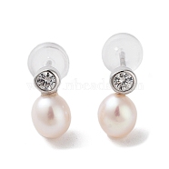 Natural Pearl Stud Earrings for Women, with Sterling Silver Pins and Cubic Zirconia, Oval, 8.5~9x5mm(EJEW-C082-12A-P)