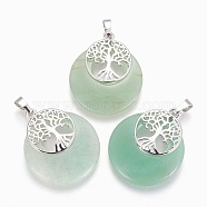 Natural Green Aventurine Pendants, with Platinum Tone Brass Findings, Flat Round with Tree of Life, 32.5~33x27.5~28x5~6mm, Hole: 5x7mm(G-F573-C17)