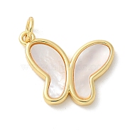 Natural White Shell Pendants, Brass Butterfly Charms with Jump Rings, Real 18K Gold Plated, 15x18x2mm, Hole: 3.4mm(KK-P292-13G)