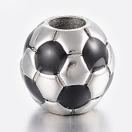 304 Stainless Steel European Enamel Beads, Large Hole Beads, FootBall/Soccer Ball, Black, Antique Silver, 13x12mm, Hole: 5mm(STAS-H446-143AS)