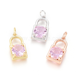 Brass Micro Pave Cubic Zirconia Pendants, with Jump Rings, Long-Lasting Plated, Lock, Pink, Mixed Color, 18x9.5x5mm, Hole: 3mm(ZIRC-L093-02B)