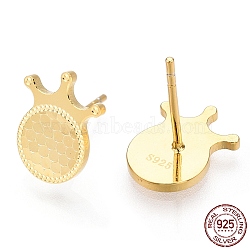 925 Sterling Silver Stud Earrings, Crown, Nickel Free, with S925 Stamp, Real 18K Gold Plated, 12x9.5mm, Pin: 0.9mm(STER-T004-50G)