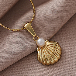 316 Surgical Stainless Steel with Imitation Pearl Shell Shape Pendant Necklaces for Women, White, Golden, 15.75 inch(40cm)(MG3658)