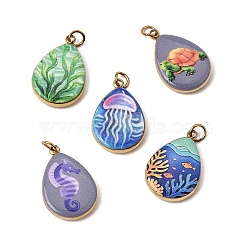 Printed 304 Stainless Steel Pendants, Teardrop Charms, Ion Plating(IP), Long-Lasting Plated, Golden, Mixed Color, 18x12x3mm, Hole: 2.5mm(SA-CBACFAA-06G)
