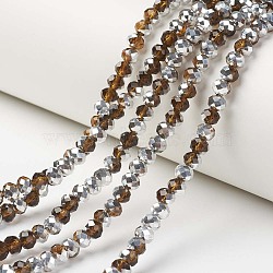 Electroplate Transparent Glass Beads Strands, Half Silver Plated, Faceted, Rondelle, Sienna, 6x5mm, Hole: 1mm, about 83~85pcs/strand, 38~39cm(EGLA-A034-T6mm-M20)