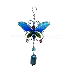 Bell Wind Chimes, Glass & Iron Art Pendant Decorations, Butterfly, Deep Sky Blue, 290x160mm(WICH-PW0001-61B-01)