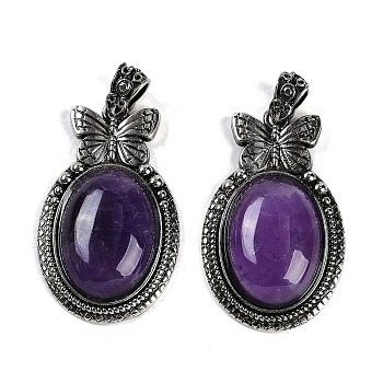 Natural Amethyst Pendants, Butterfly Oval Charms, with Antique Silver Tone Alloy Findings, Cadmium Free & Lead Free, 42.5x26x8.5mm, Hole: 4x6mm