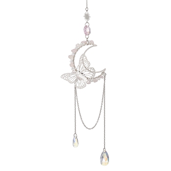 Natural Rose Quartz Chips & Brass Moon & 304 Stainless Steel Butterfly Suncatcher, Glass Teardrop Hanging Window Prism Ornament for Home & Garden, 310mm