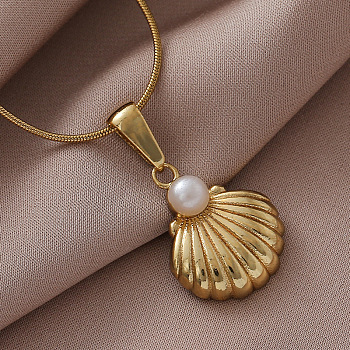 316 Surgical Stainless Steel with Imitation Pearl Shell Shape Pendant Necklaces for Women, White, Golden, 15.75 inch(40cm)