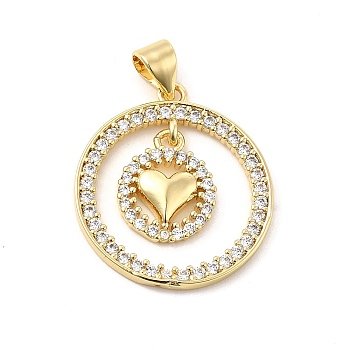 Brass Micro Pave Cubic Zirconia Pendants, Round Ring & Heart Charm, Golden, Clear, 22.5x20.5x1.5mm, Hole: 4x3.5mm