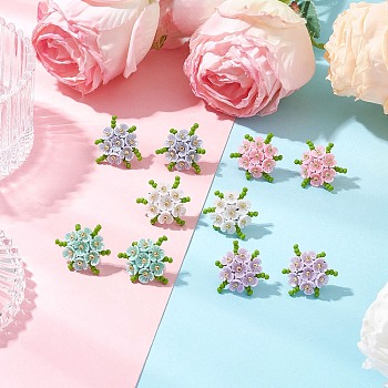 304 Stainless Steel Flower Stud Earrings, with Glass Seed Beads & Resin Imitation Pearl Bead Caps & Nylon Wire, Stainless Steel Color, Mixed Color, 22x21.5mm